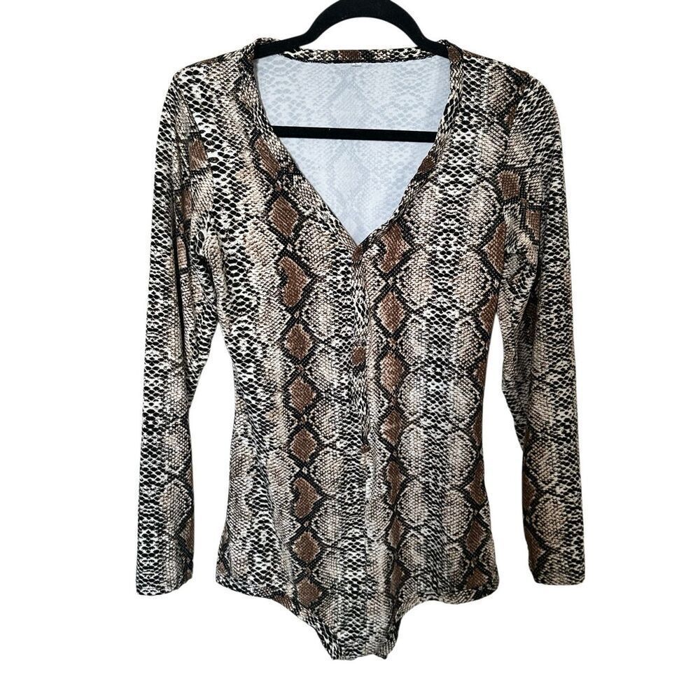 Python Snakeskin Print Long Sleeve V-Neck Bodysuit - Size Medium - Earth Tones